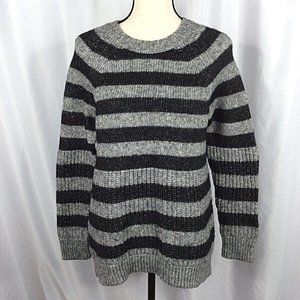 Banana Republic Wool Sweater Women Medium Black Gray Striped Italian Yarn Chunky